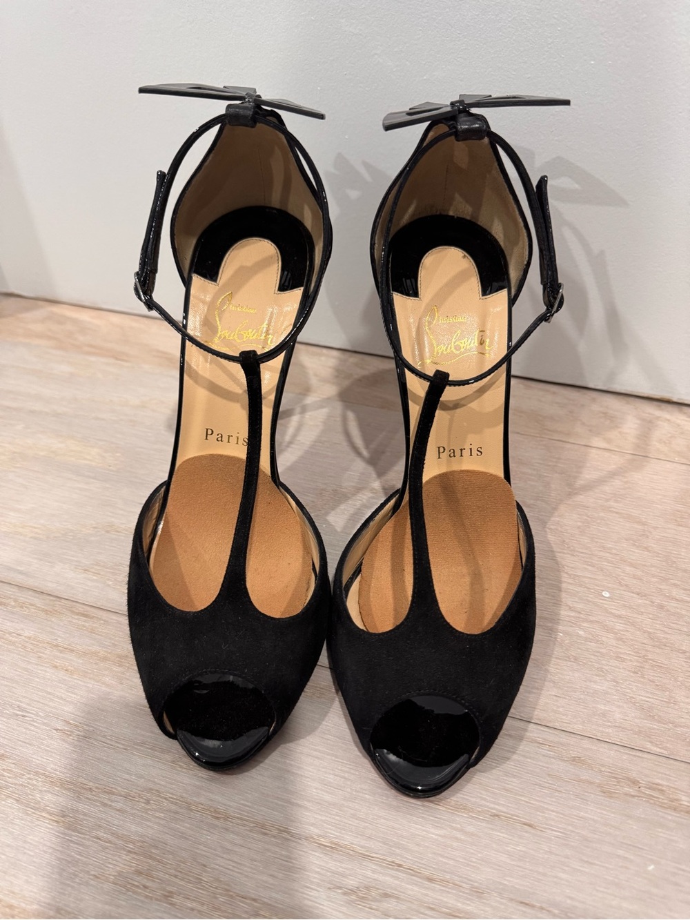 Christian Louboutin Black Suede T-Strap Peep-Toe Heels